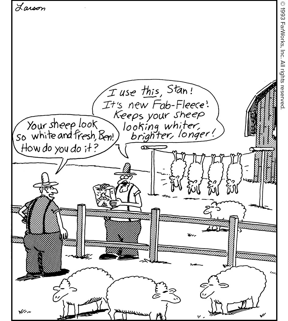 Your sheep look so white and fresh, Ben. How do you do it? / I use this, Stan! It's new Fab-Fleece! Keeps your sheep looking whiter, brighter, longer!