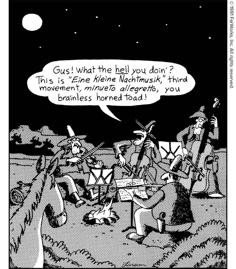 Gus! What the hell you doin’?This is “Eine Kleine Nachtmusik”, third movement, minueto allegretto, you brainless horned toad!,