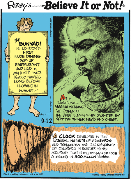 Ripley's Believe It or Not Comic Strip for September 12, 2016 