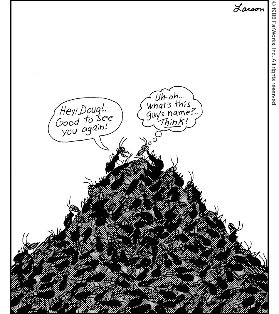 Hey, Doug!.. Good to see you again! / Uh-oh … what’s this guy’s name?.. Think!