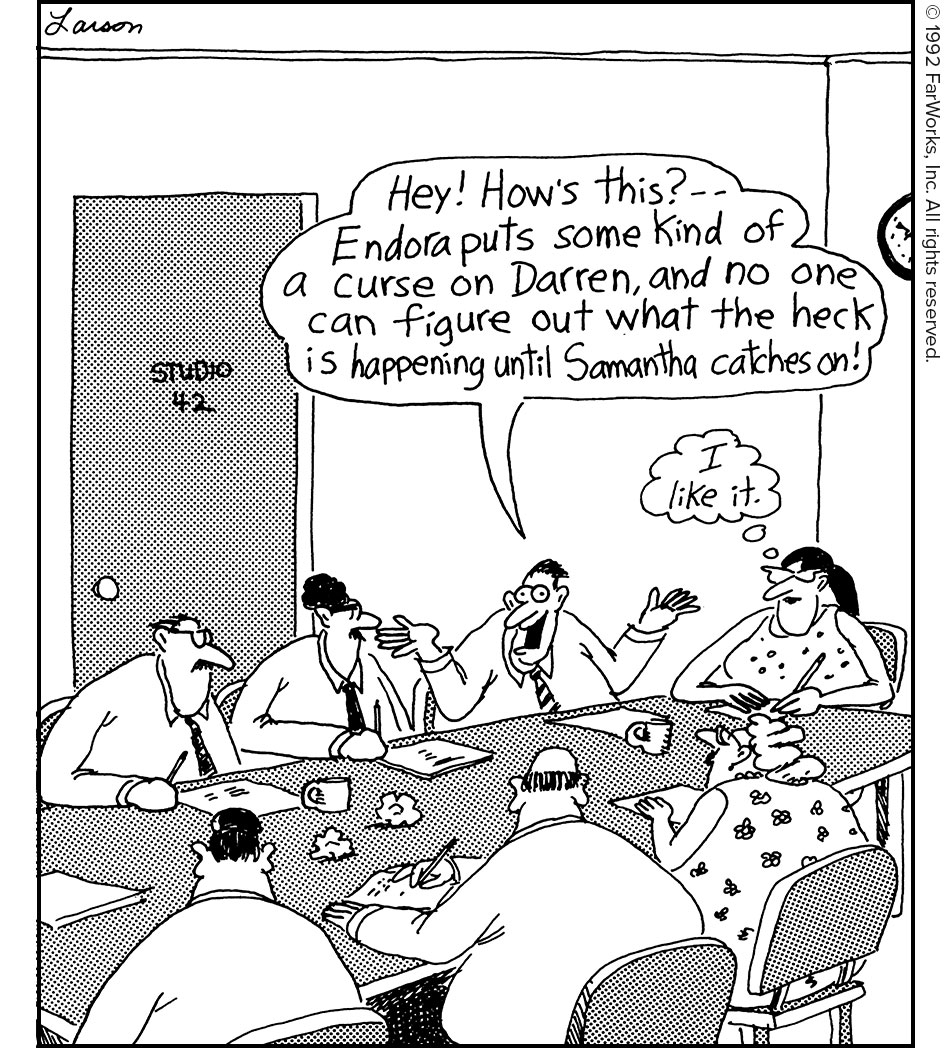 Hey! How’s this? … Endora puts some kind of a curse on Darren, and no one can figure out what the heck is happening until Samantha catches on! / I like it. / STUDIO 42